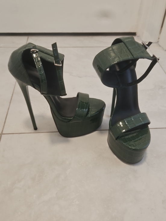 Shoes - Green Croc-Embossed Platform Ankle-Strap Heels